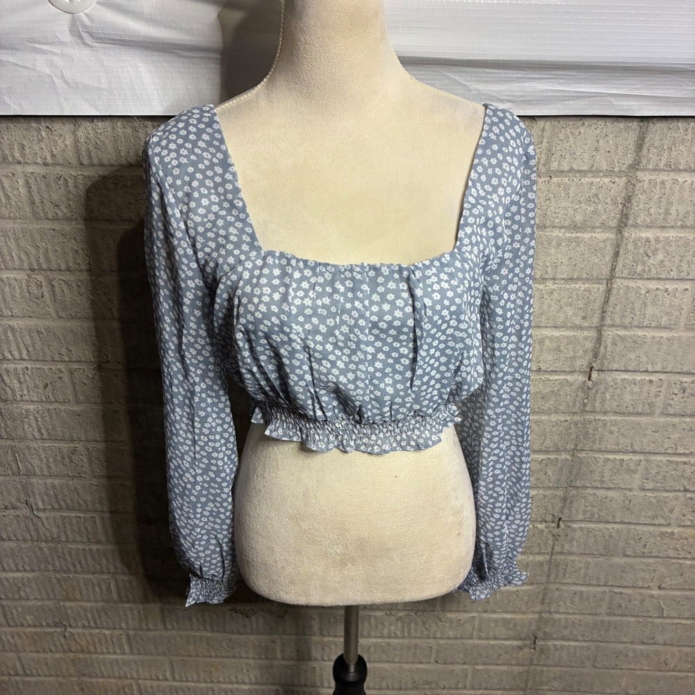 New Petal and Pup Blue Floral Square Neck Long Sleeve Cropped Blouse Size‎ 6